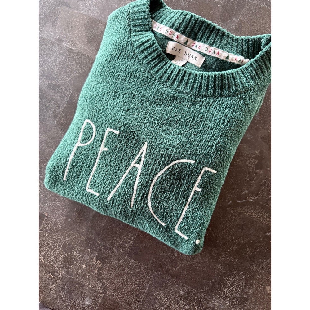 Rae Dunn Women's S Green Cozy Chenille Christmas Holiday Sweater "Peace" Festive